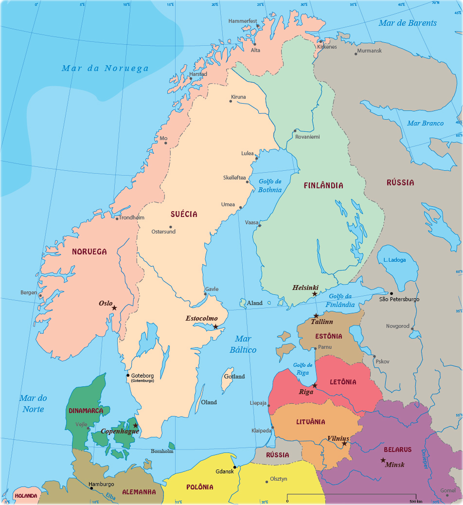 Mapa político simplificado dos países escandinavos e do norte da